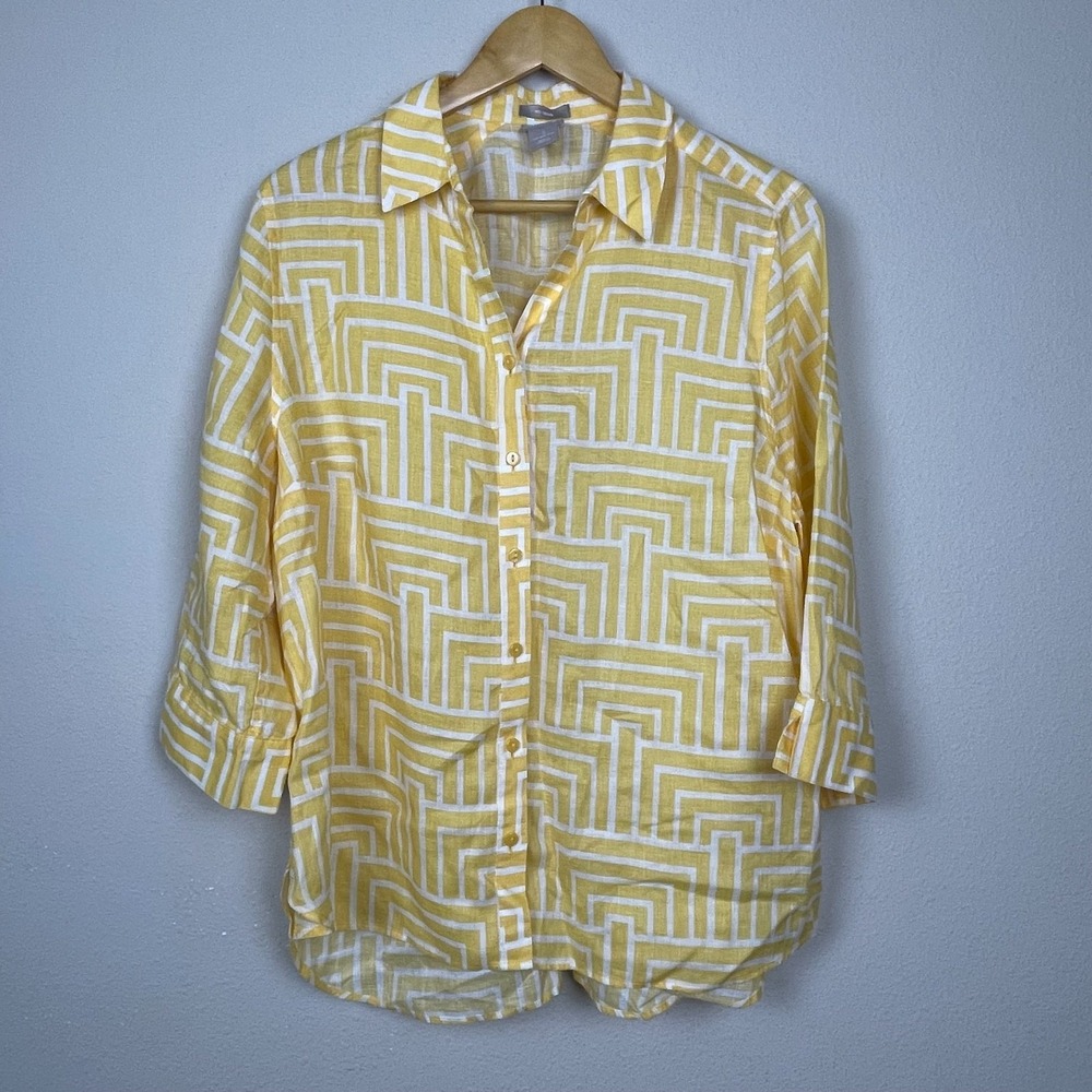Chico's No-Iron Linen‎ Yellow White Geometric Button Up Shirt Size 3 (US 16/18)